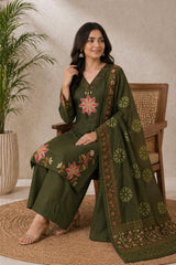 Embroidered Green Cotton Kurta Set with Dupatta