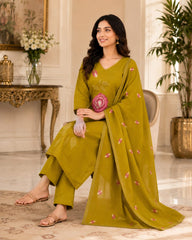 Elegant Embroidered Olive A-Line Kurta Set with Dupatta