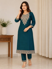 Teal Green Vichitra Silk Kurta Set with Embroidered Dupatta & Potli Bag