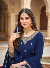 Royal Blue Chinon Kurta Set with Designer Sharara & Dupatta