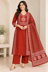 Pure Cotton Rust Printed Kurta Pant Set with Dupatta