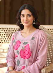 Blush Pink Chinon Hand Embroidery A-Line Kurta Set with Dupatta