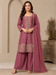 Elegant Mauve Chinon Kurta Set with Cutdana Embroidery