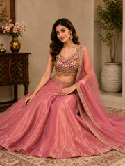 Dusty Rose Fendi Embroidered Lehenga Set with Dupatta (Sleeves Included)
