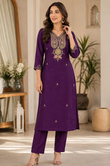 Royal Purple Dola Silk Embroidered Kurta Set with Dupatta