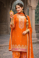 Rust Orange Chinon Embroidered Suit Set