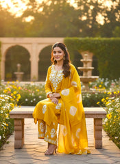 Mustard Yellow Embroidered Rayon Kurta Set with Dupatta