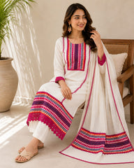 Elegant White Pure Self Dobby Cotton Embroidered Kurta Set with Dupatta