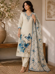 Graceful Off-White Linen Kantha Embroidered Kurta Set with Printed Dupatta