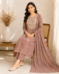 Elegant Mocha Taupe A Line Mul Chanderi Embroidered Kurta Set with Dupatta