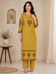 Mustard Yellow Printed Cotton Kurta Set with Dupatta
