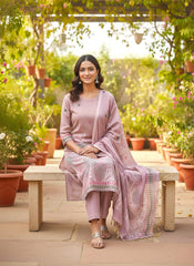 Dusty Rose Linen Cotton Printed Kurta Set with Artistic Dupatta