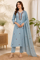 Graceful Sky Blue Cotton Embroidered Kurta Set with Dupatta