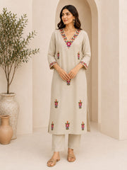 Elegant Cream Embroidered Cotton Kurta Set with Dupatta