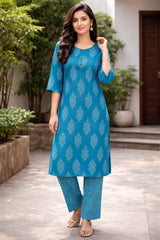 Blue Cotton Printed Daily Wear Kurta Set with Dupatta