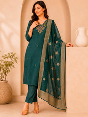Teal Green Dola Silk Kurta Set with Embroidered Neckline & Woven Dupatta