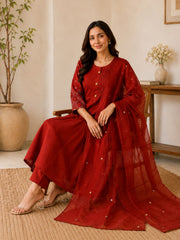 Elegant Rust Mul Chanderi A-Line Kurta Set with Handworked Sleeves