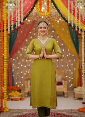 Olive Green Embroidered Suit Set with Floral Dupatta