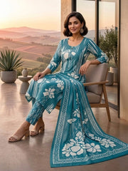 Elegant Blue Printed Cotton Kurta Set with Dupatta
