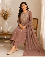 Elegant Mocha Brown Mul Chanderi Embroidered Kurta Set with Dupatta