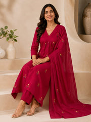Rani Pink Cotton Embroidered A-Line Kurta Set with Dupatta