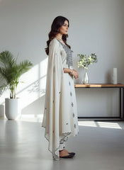 Elegant Ivory Roman Silk Kurta Set with Embroidered Yoke & Dupatta