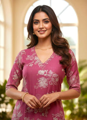 Rose Pink Printed Cotton Silk Kurta Palazzo Set
