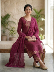 Maroon Thread Embroidered Cotton Kurta Set with Dupatta