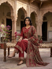 Maroon Cotton Kurta Set with Printed Dupatta