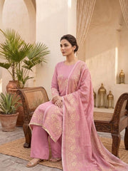 Elegant Blush Pink Linen Kurta Set with Floral Embroidery & Dupatta