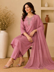 Dusty Rose Mul Chanderi Embroidered Kurta Set with Dupatta