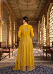 Mustard Yellow Embroidered Chinon Anarkali Suit Set