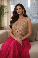 Rani Pink Designer Crop Top with Draped Skirt & Net Jacket