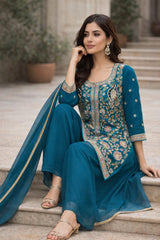 Royal Teal Blue Hand Embroidered Sharara Set