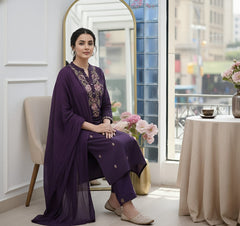 Purple Rayon Slub Kurta Set with Floral Embroidery & Dupatta