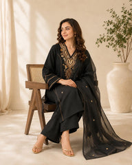Black Embroidered Khadi Cotton Kurta Set with Dupatta