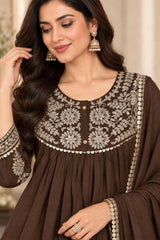 Graceful Chocolate Brown Mul Chanderi Embroidered Anarkali Suit Set