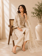 Beige Embroidered Khadi Cotton Kurta Set with Dupatta