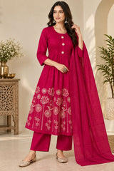 Beautiful Rani Pink Anarkali Style Embroidered Cotton Kurta Set with Dupatta