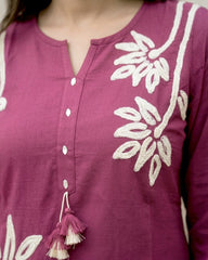 Elegant Magenta Cotton A-Line Kurta Set with Aari Embroidery & Dupatta