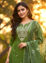 Emerald Green Embroidered Silk Blend Kurta Set with Floral Dupatta