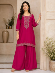 Beautiful Rani Pink Chinon Embroidered Kurta Set with Dupatta