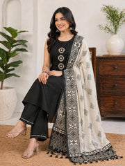 Black Muslin Real Mirror Work A Line Kurta Set with Designer Dupatta (Sleeves Included)