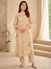 Beige Mul Chanderi Floral Embroidered Kurta Set with Dupatta