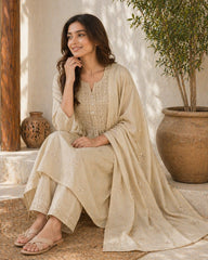 Beige Cotton Embroidered Kurta Set with Dupatta