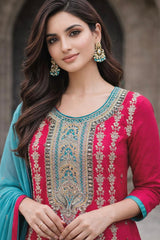 Beautiful Rani Pink & Teal Embroidered Kurta Set with Dupatta
