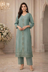 Sage Green Embroidered Roman Silk Kurta Set with Dupatta