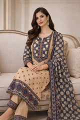 Elegant Beige Cotton Kurta Set with Handworked Yoke & Printed Dupatta