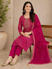 Beautiful Rani Pink Bandhani Print Rayon Kurta Set with Embroidered Neckline & Dupatta