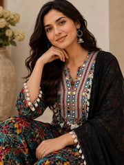 Floral Mirror Work Rayon Kurta Set with Farsi Bottom & Chiffon Dupatta